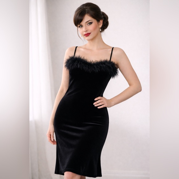 Dresses & Skirts - Black Velvet Feather Trim Slip Dress – Spaghetti Straps – Party / Cocktail